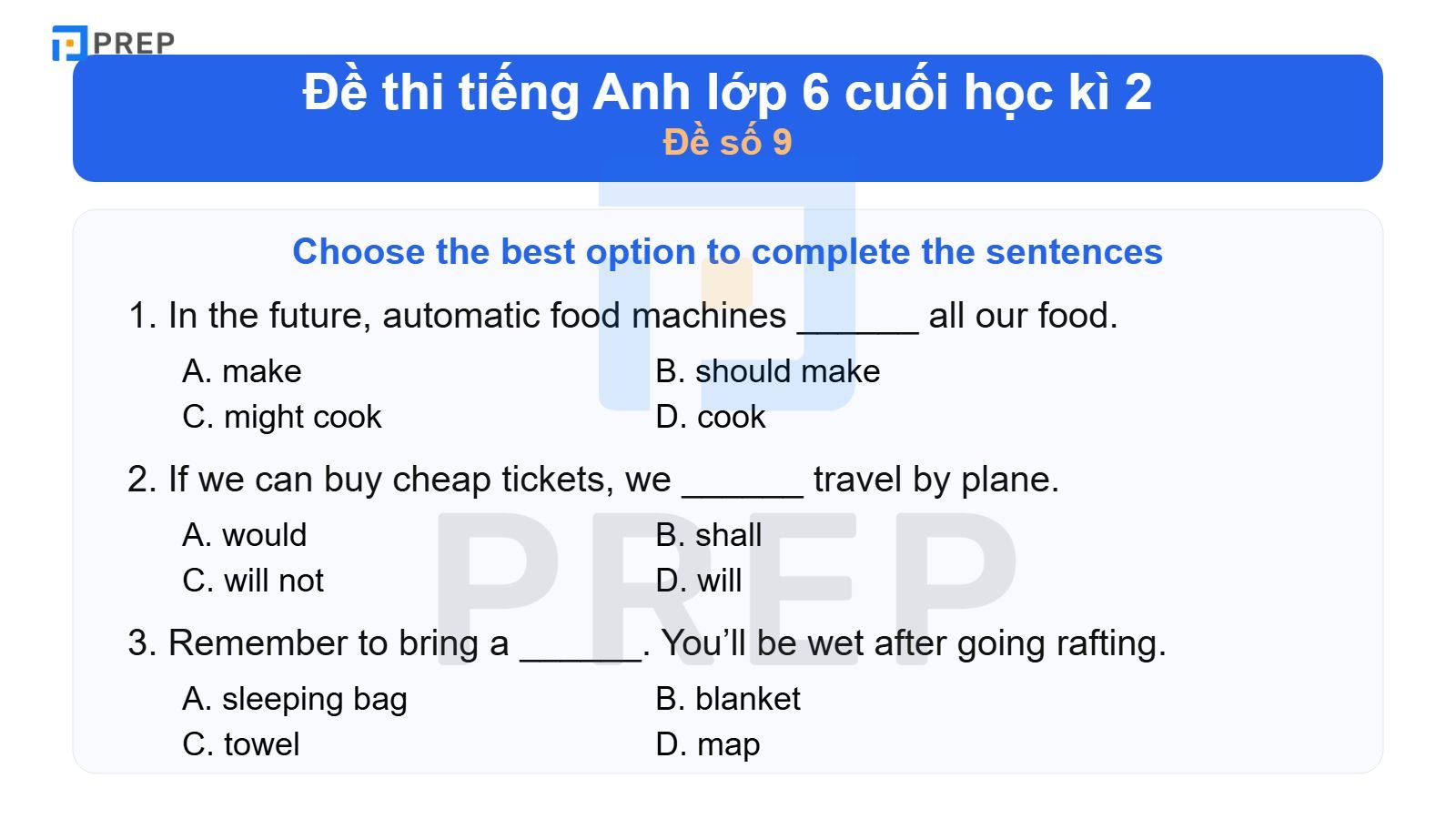 Đề thi tiếng Anh lớp 6 cuối học kì 2