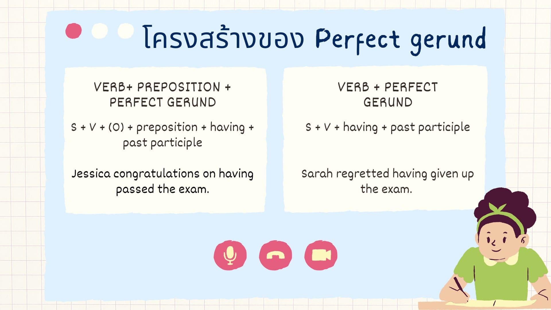 วิธีการใช้ perfect gerund ในภาษาอังกฤษ