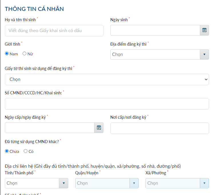 Điền đầy đủ phần thông tin cá nhân