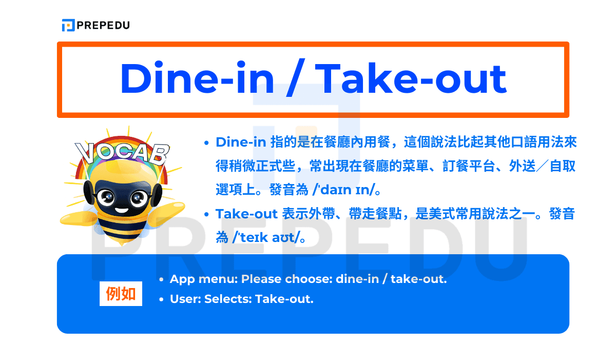 ？除了前面的 For here / To go 和 Eat in / Take away，在美式英語中還常見一組表達：「Dine-in」 和 「Take-out」。