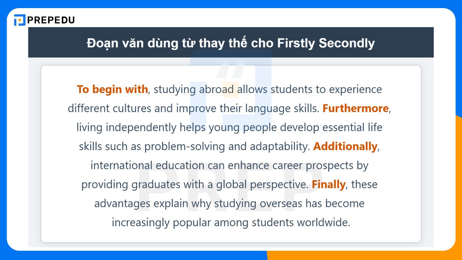 Đoạn văn dùng từ thay thế cho Firstly Secondly