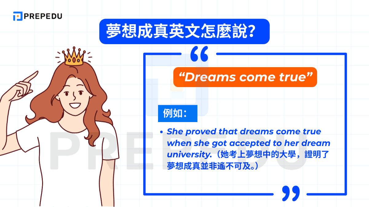 Dreams come true 是最廣為人知的夢想成真英文說法