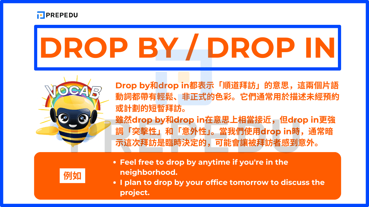 Drop by和drop in都表示「順道拜訪」的意思