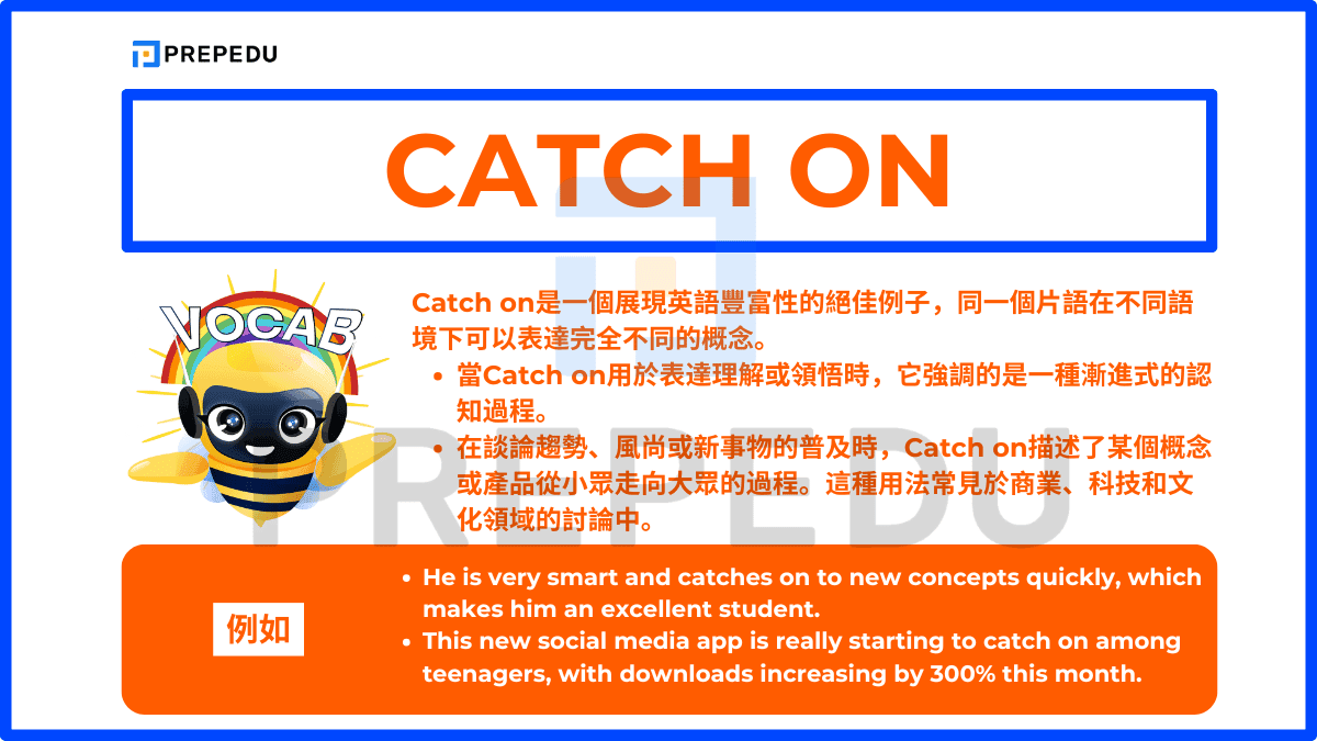 Catch on是一個展現英語豐富性的絕佳例子