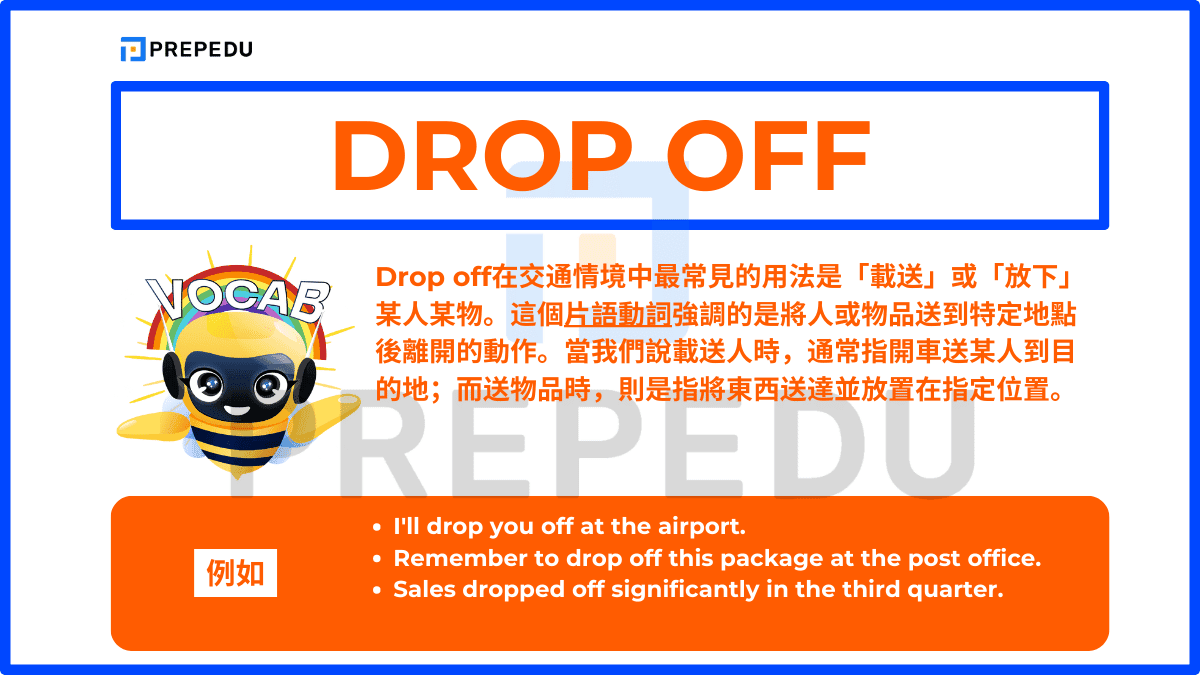 Drop off在交通情境中最常見的用法是「載送」或「放下」某人某物。