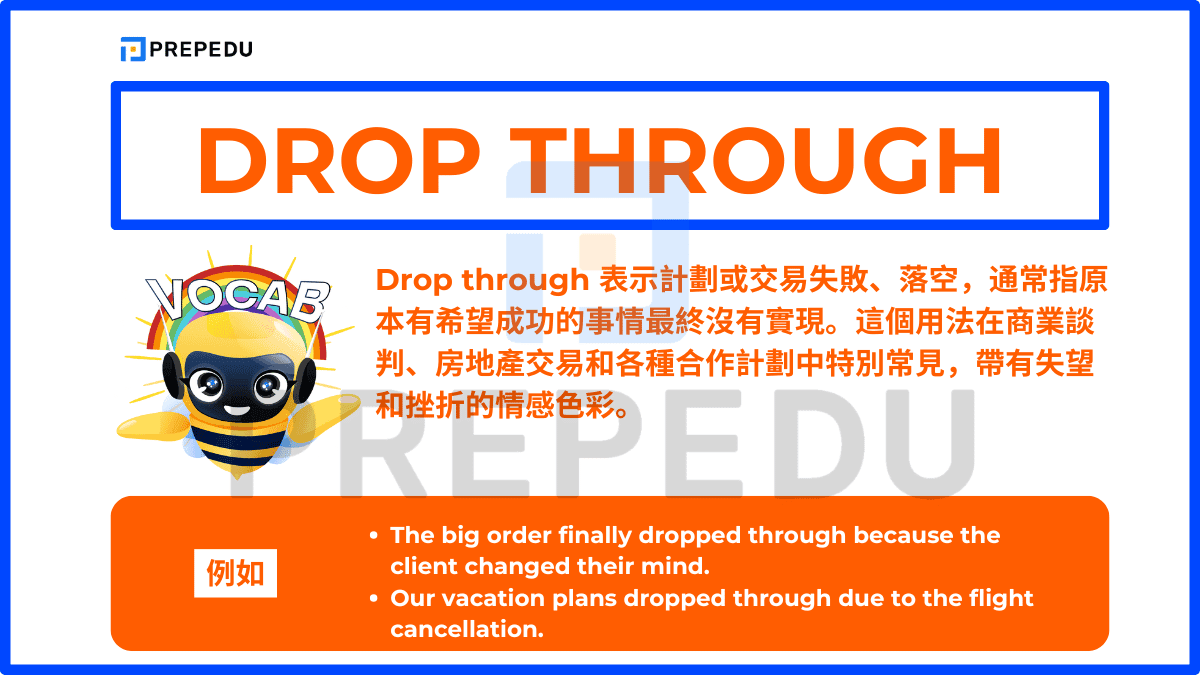 Drop through 表示計劃或交易失敗、落空