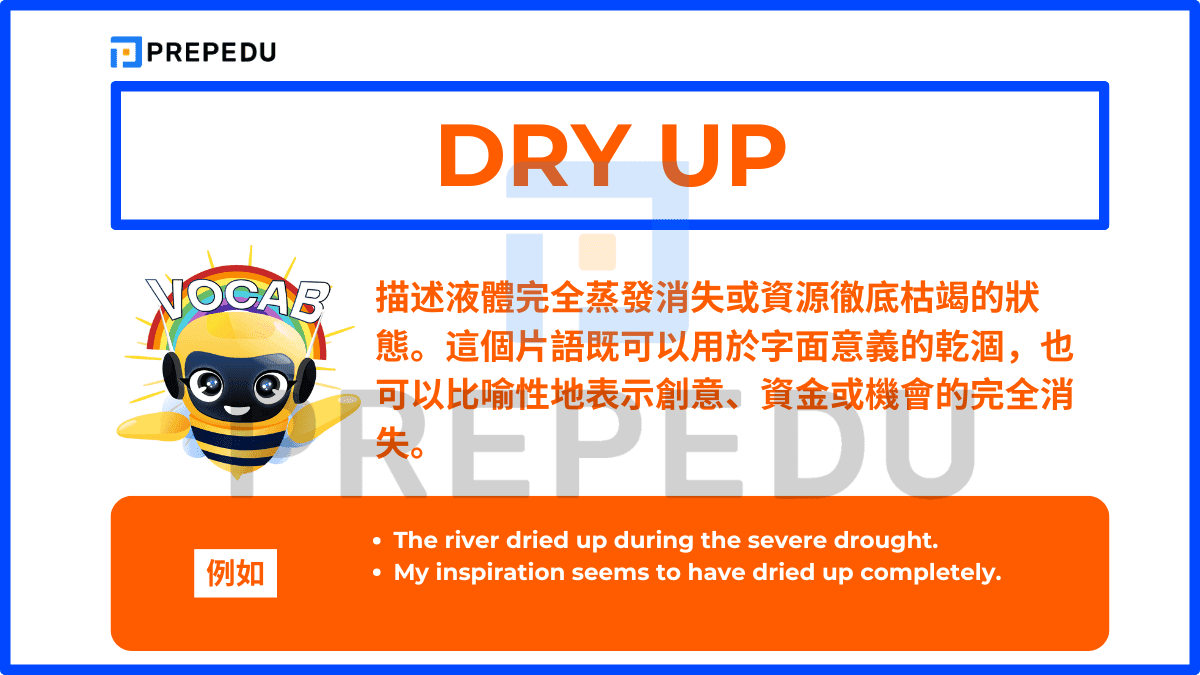 Dry up 描述液體完全蒸發消失或資源徹底枯竭的狀態