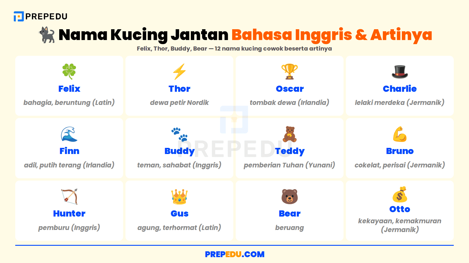 Dua belas nama kucing jantan bahasa Inggris beserta arti dan cara bacanya