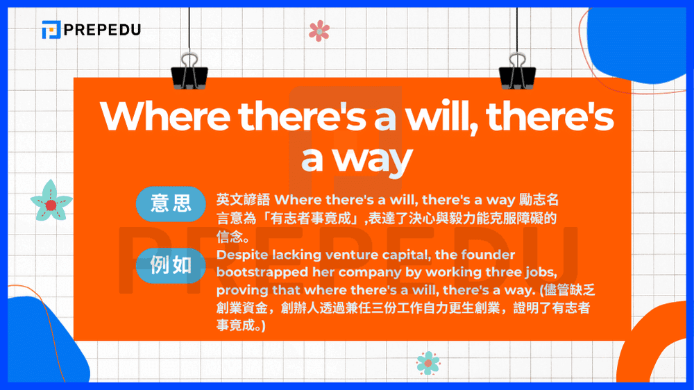 英文諺語 Where there's a will, there's a way 勵志名言意為「有志者事竟成」