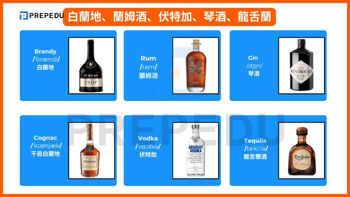 白蘭地、蘭姆酒、伏特加、琴酒、龍舌蘭