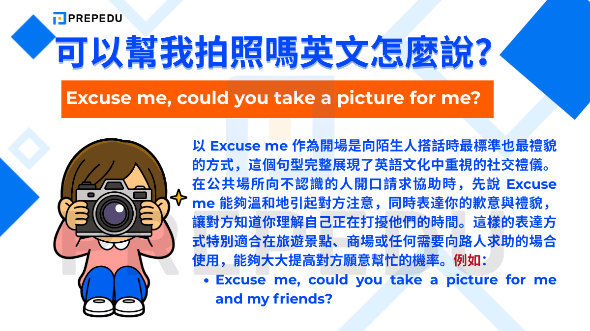 可以幫我拍照嗎英文是 Excuse me, could you take a picture for me?。