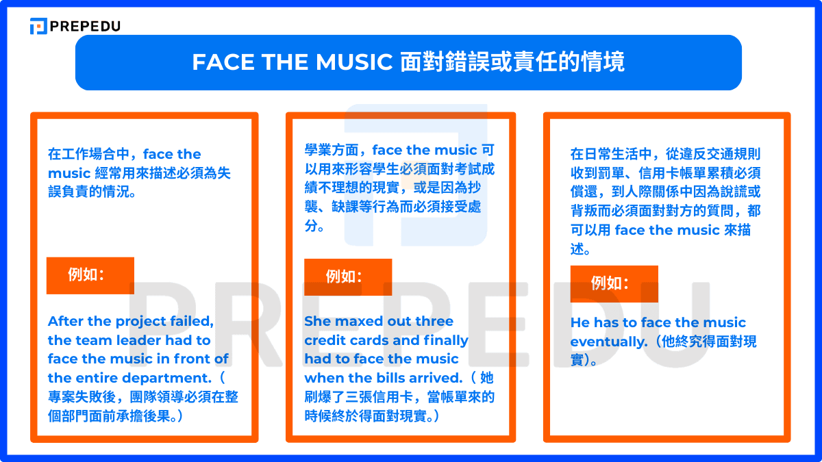 Face the music 面對錯誤或責任的情境