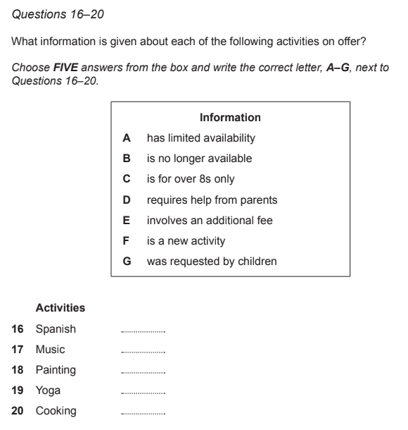 Matching Information IELTS Listening Part 2: IELTS Cambridge 17, Test 3, Part 2, Questions 15-20