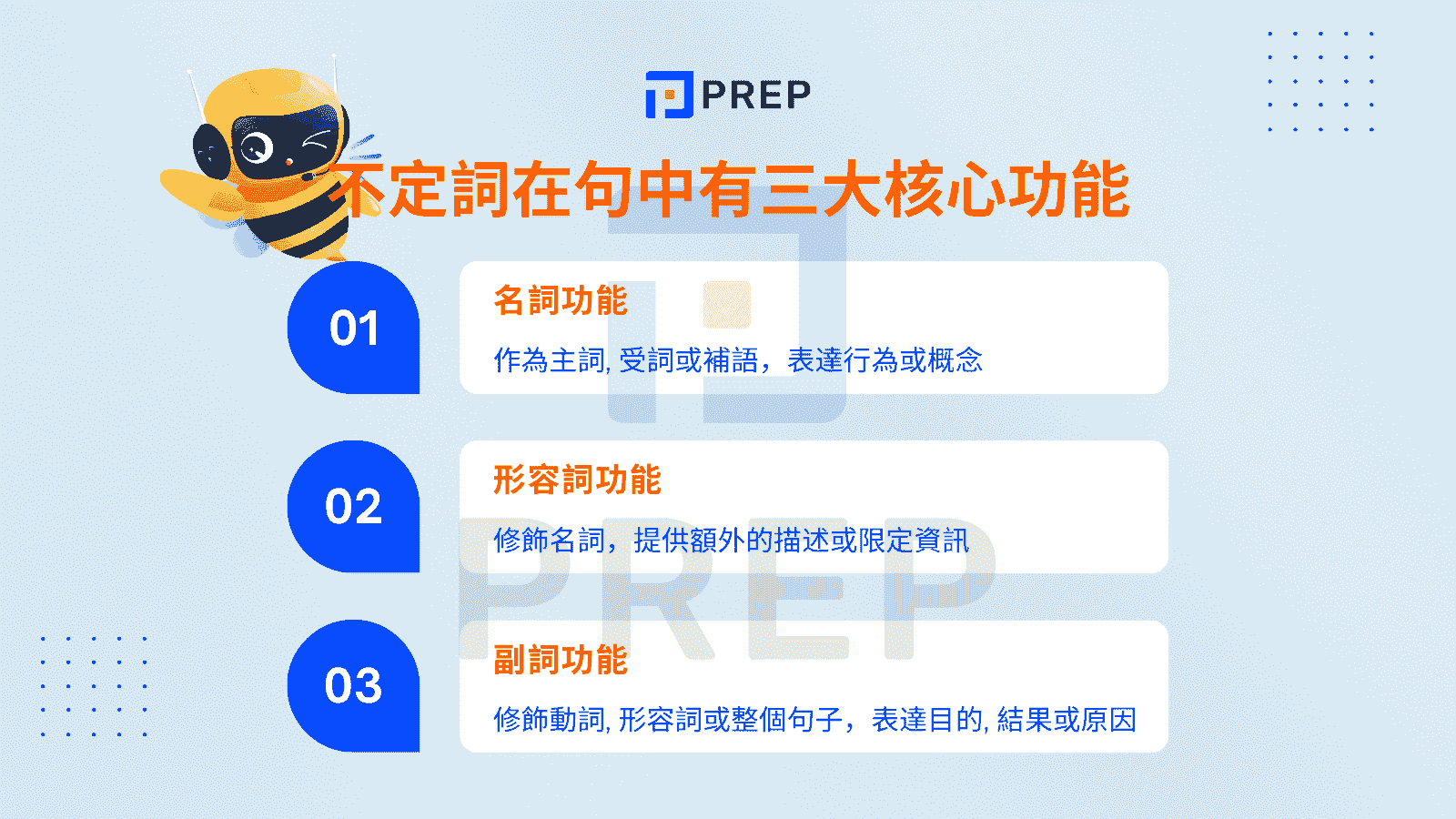 不定詞在句子中具備三大核心功能