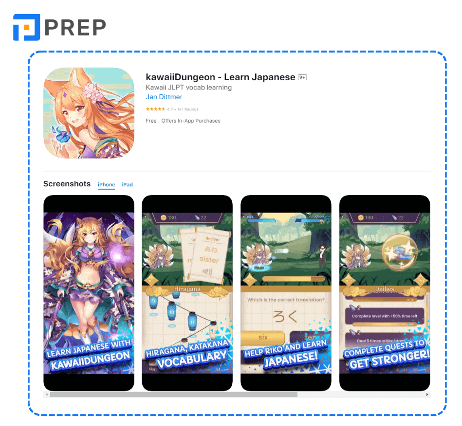Game kiểm tra bảng chữ cái tiếng Nhật kawaiiDungeon