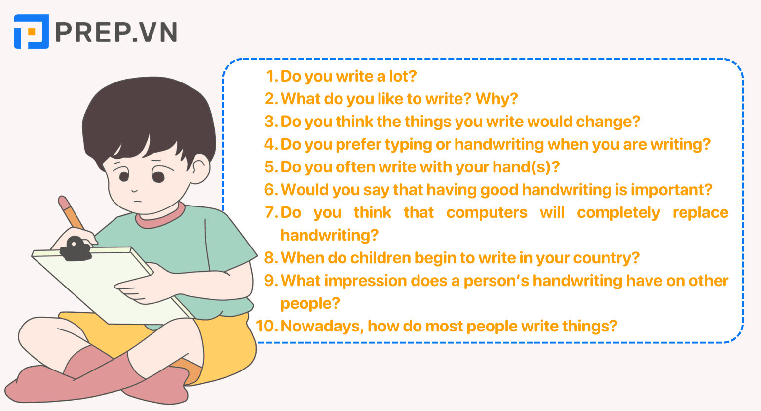 Một số câu hỏi chủ đề Writing IELTS Speaking Part 1