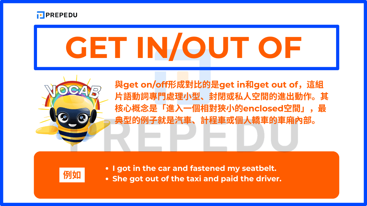 與get on/off形成對比的是get in和get out of