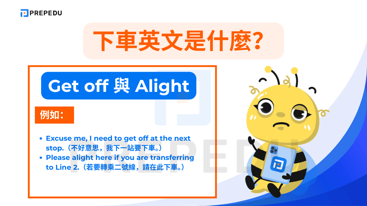 Get off 是最常見的下車英文，適用於公車、火車、捷運