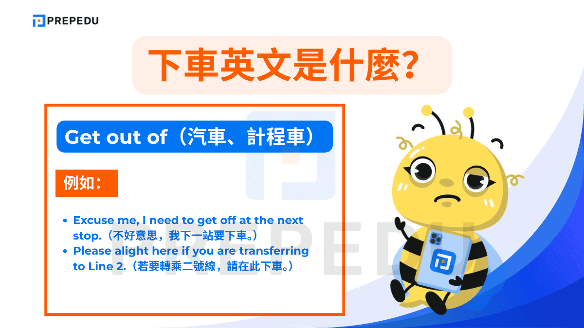 Get out of 對應 get into，專用於小型封閉式車輛的下車情境