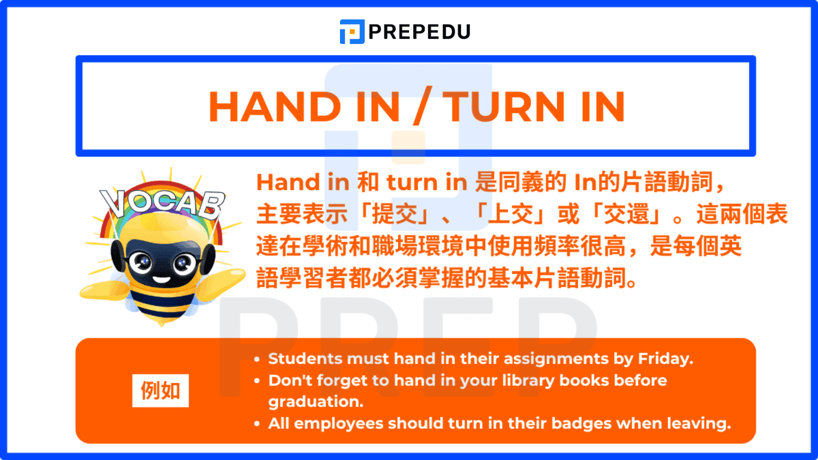 Hand in 和 turn in 是同義的 In的片語動詞，主要表示「提交」、「上交」或「交還」
