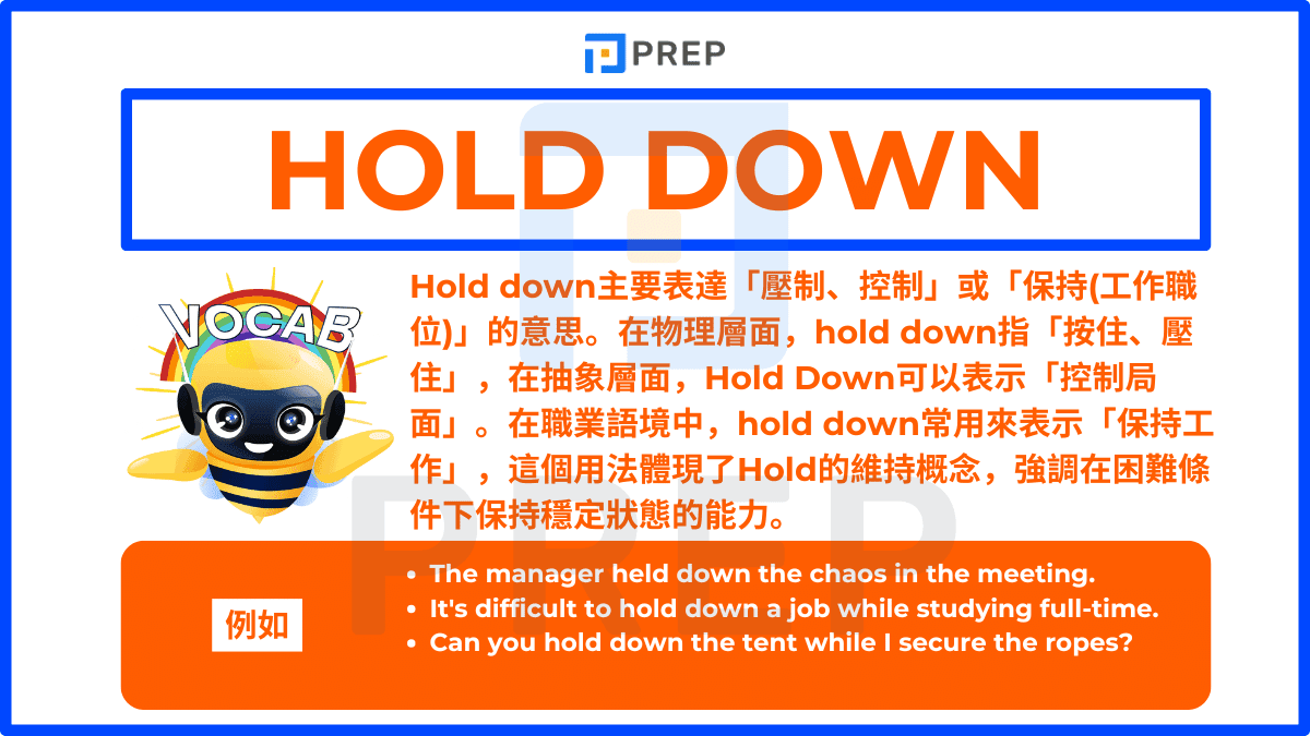 Hold down主要表達「壓制、控制」或「保持(工作職位)」的意思