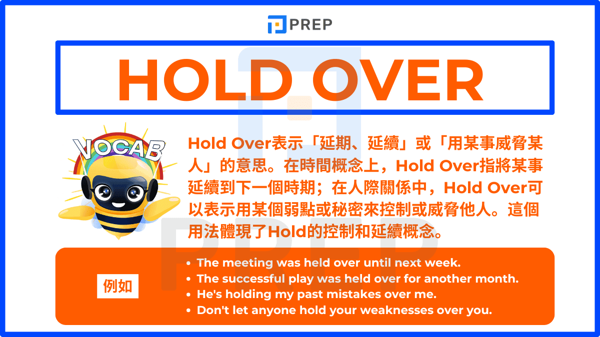 Hold Over表示「延期、延續」或「用某事威脅某人」的意思