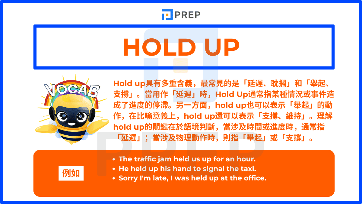 Hold up具有多重含義,最常見的是「延遲、耽擱」和「舉起、支撐」