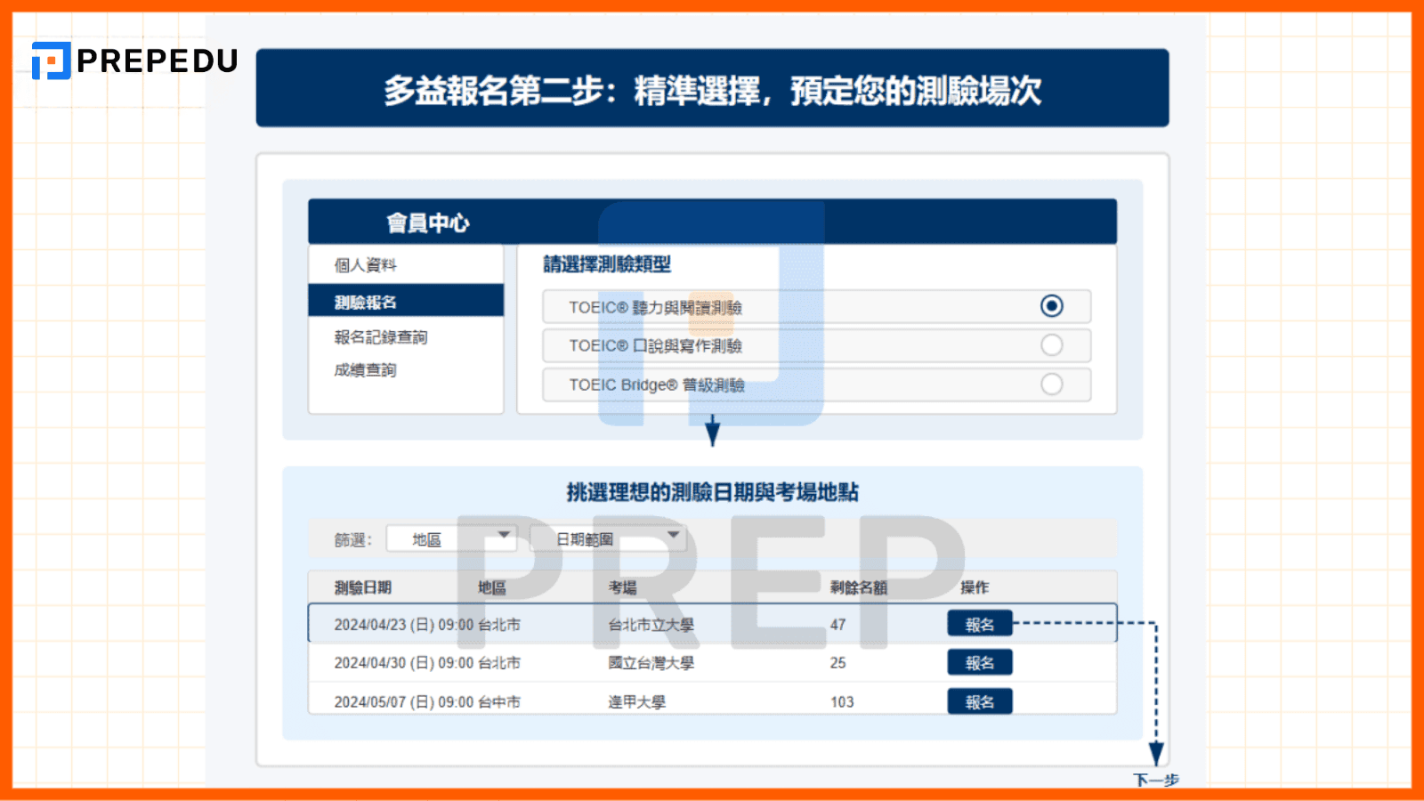 第二步：精準選擇，預定您的測驗場次
