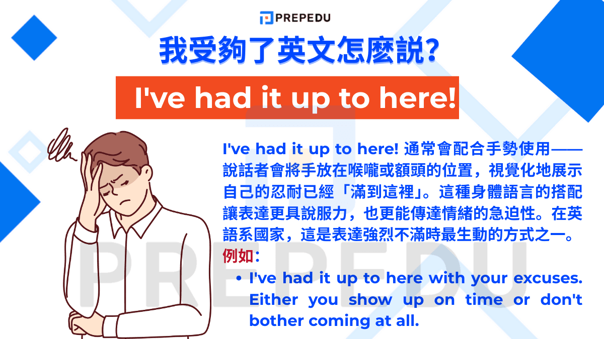 I've had it up to here! 通常會配合手勢使用——說話者會將手放在喉嚨或額頭的位置