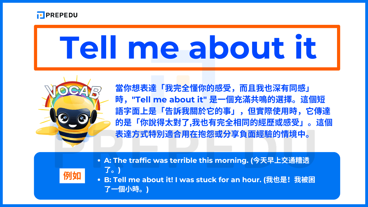 當你想表達「我完全懂你的感受,而且我也深有同感」時,'Tell me about it' 是一個充滿共鳴的選擇。