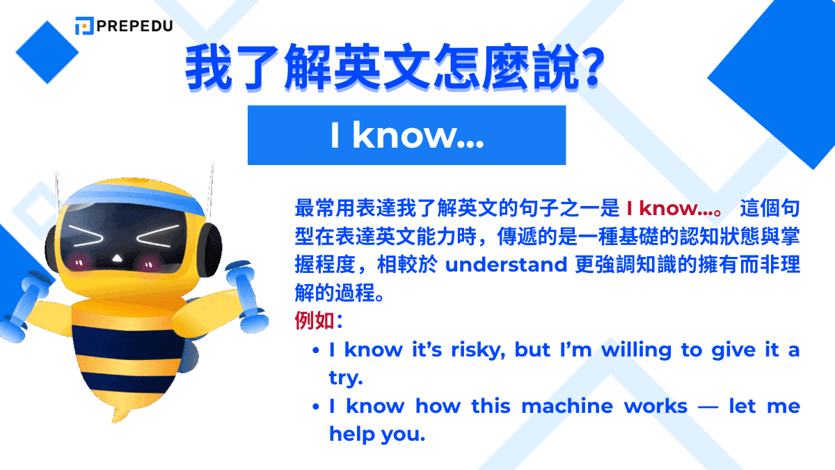 最常用表達我了解英文的句子之一是 I know...。