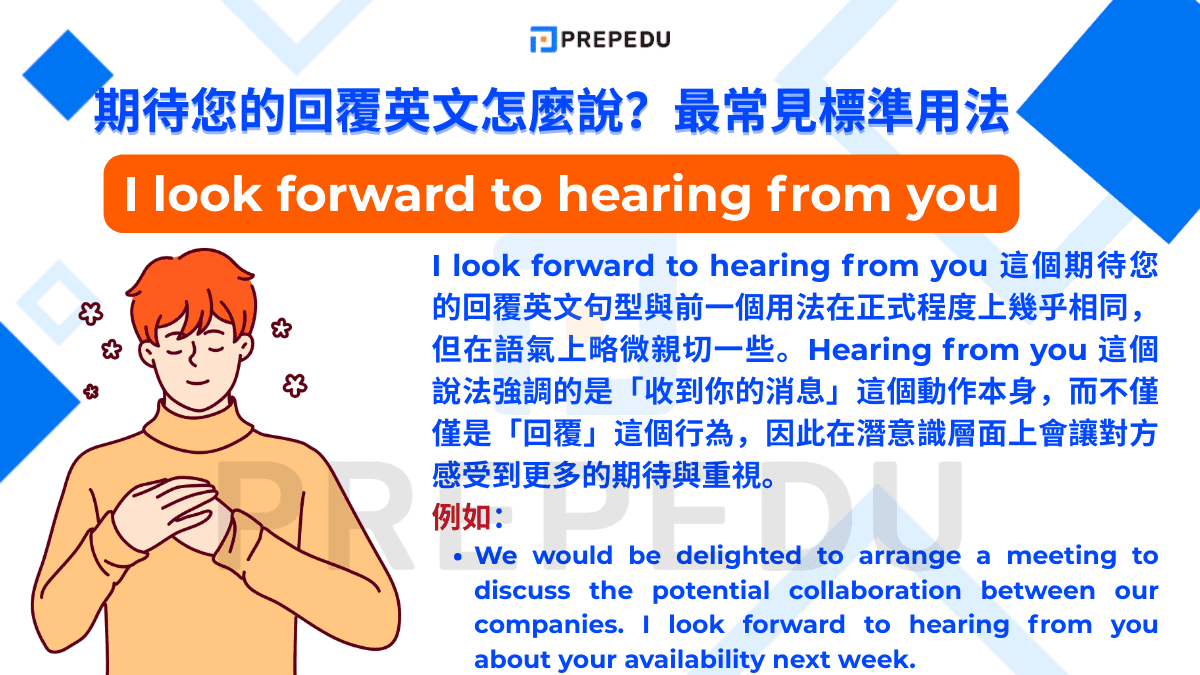 I look forward to hearing from you 這個期待您的回覆英文句型與前一個用法在正式程度上幾乎相同