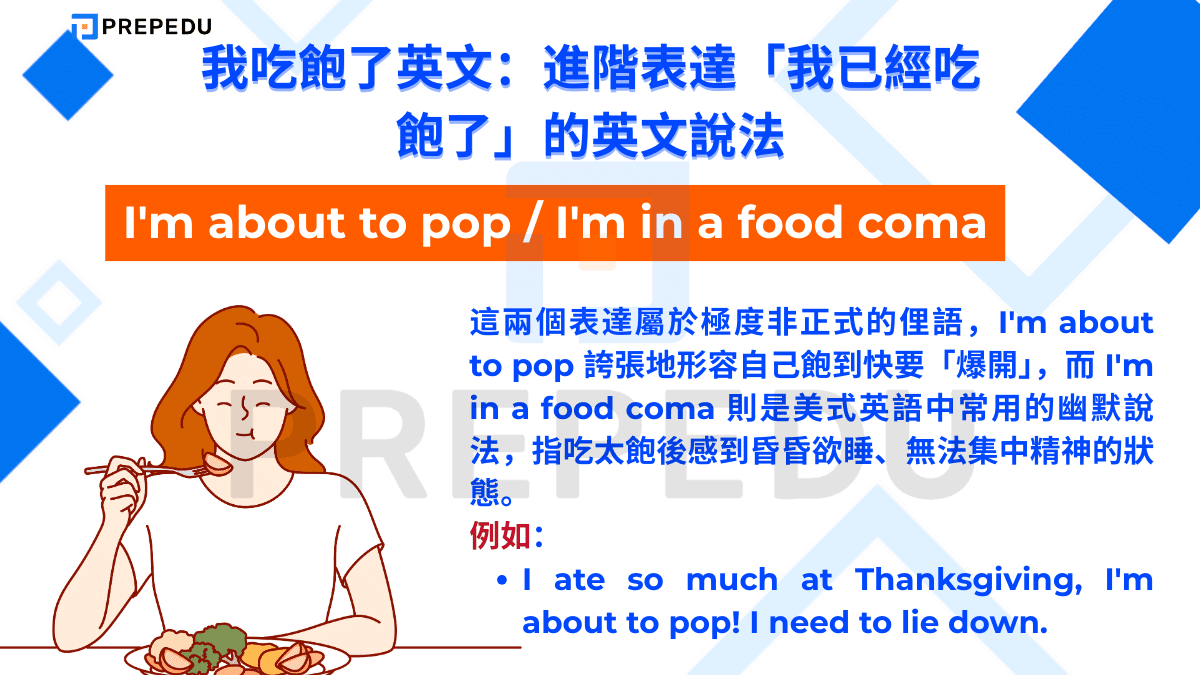 我吃飽了英文的説法是 I'm about to pop 或 I'm in a food coma。