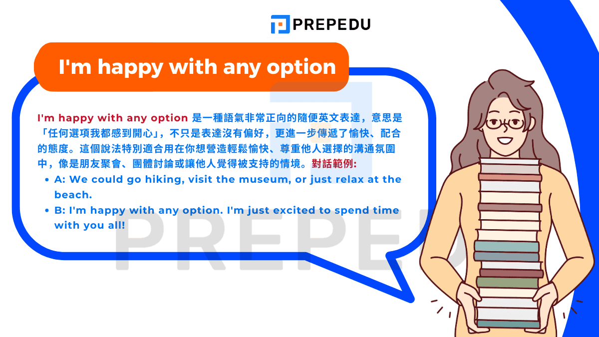 I'm happy with any option 是一種語氣非常正向的隨便英文表達