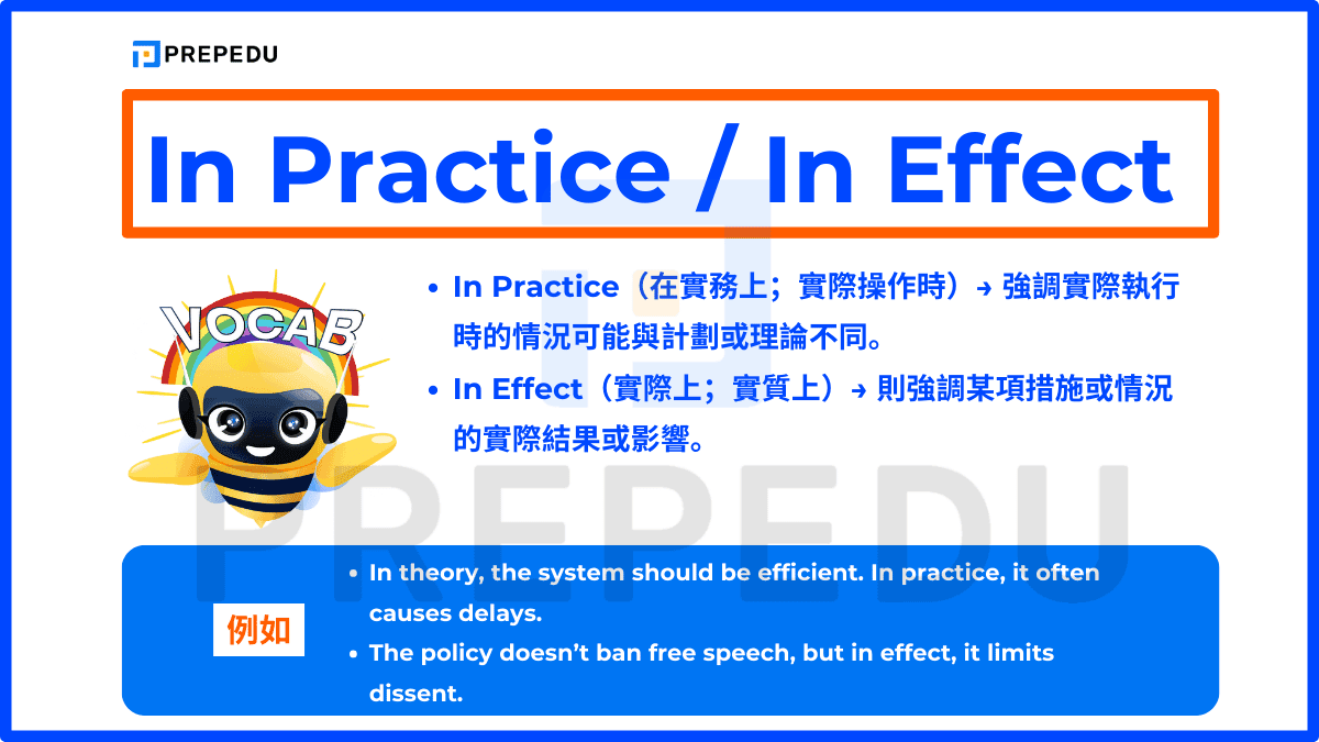 In Practice 與 In Effect 這兩個片語都是常見的事實上英文用法