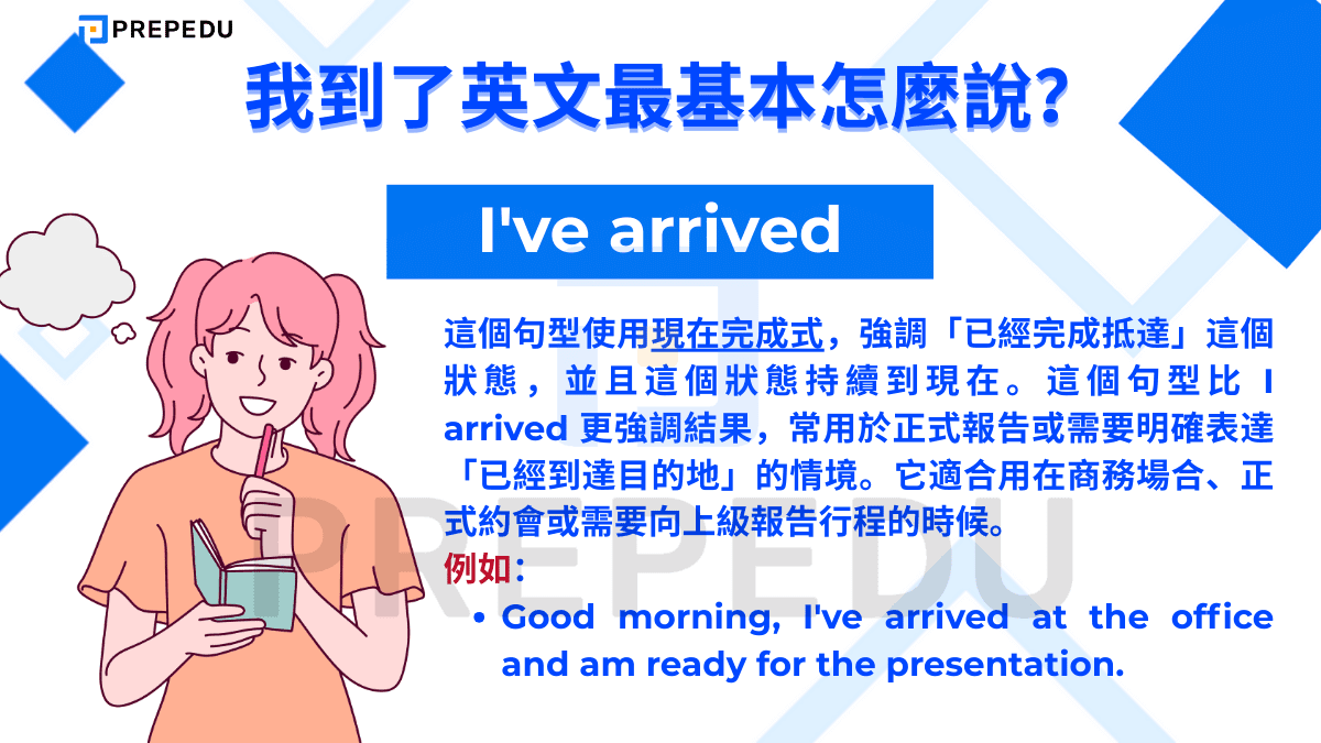 我到了英文可以説 I've arrived。