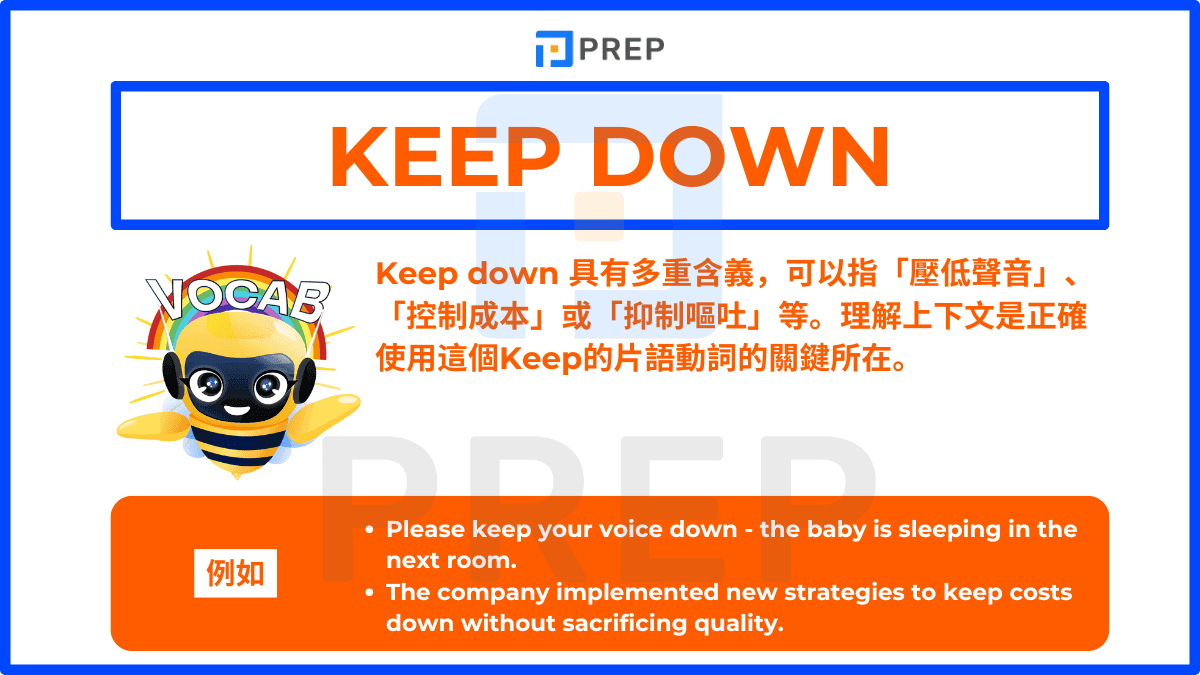 Keep down 具有多重含義，可以指「壓低聲音」、「控制成本」或「抑制嘔吐」等