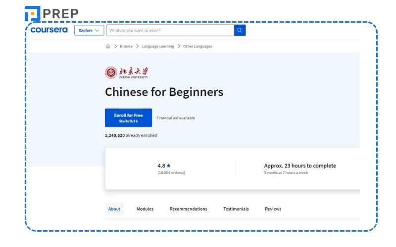 Khóa học HSK các cấp độ free  trên Coursera