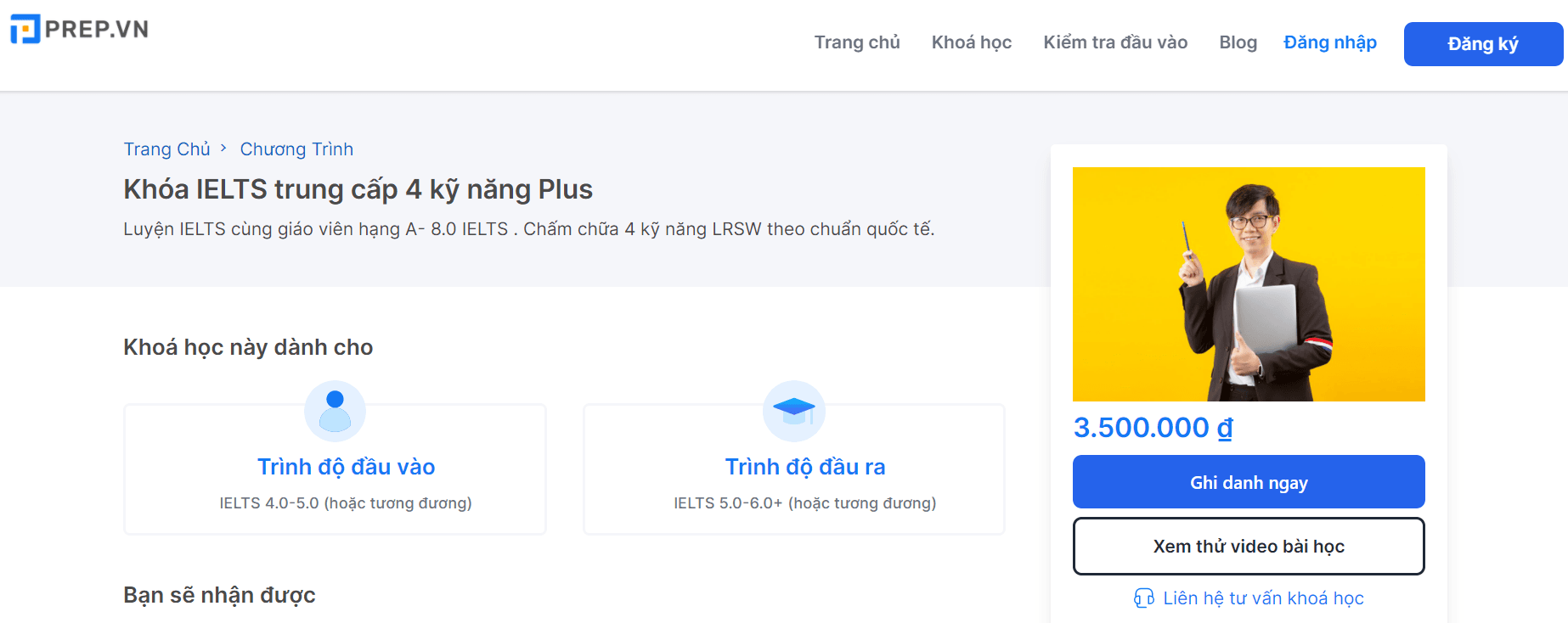 Khóa học IELTS Trung cấp 4 kỹ năng Plus
