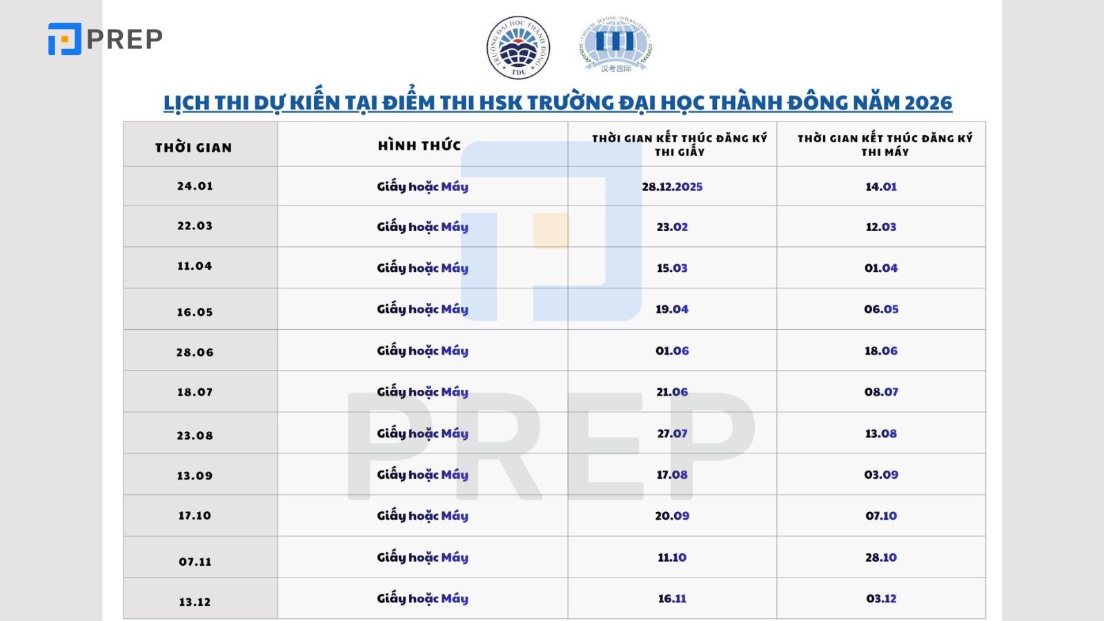 Lịch thi HSK - HSKK tại Đại học Thành Đông năm 2026