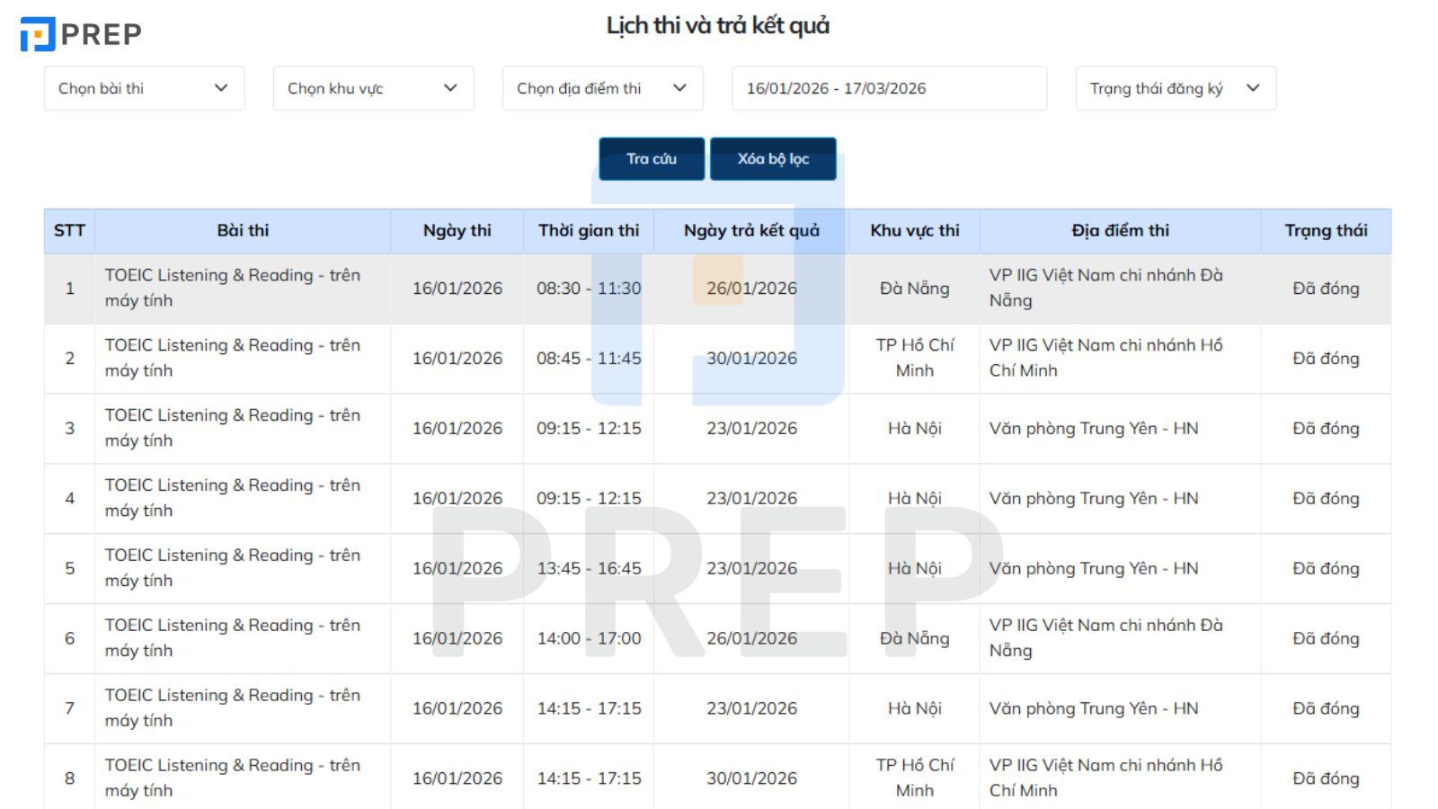 Lịch thi TOEIC 2026 tại IIG 3 miền Bắc Trung Nam