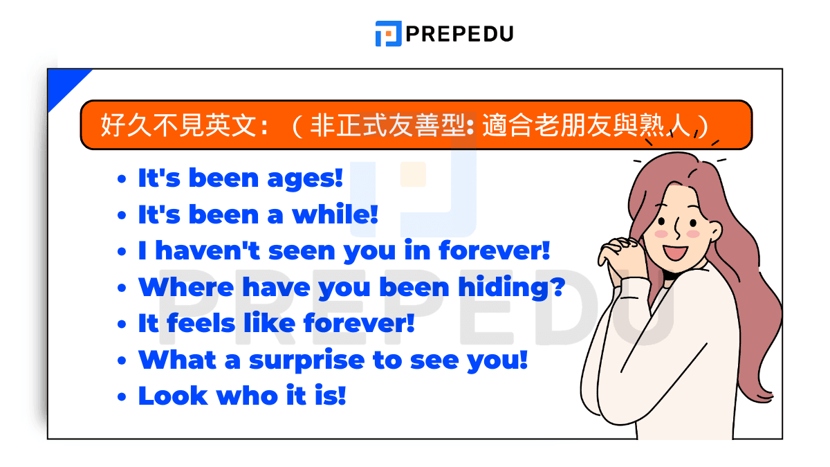 好久不見英文:非正式友善型 (適合老朋友與熟人)