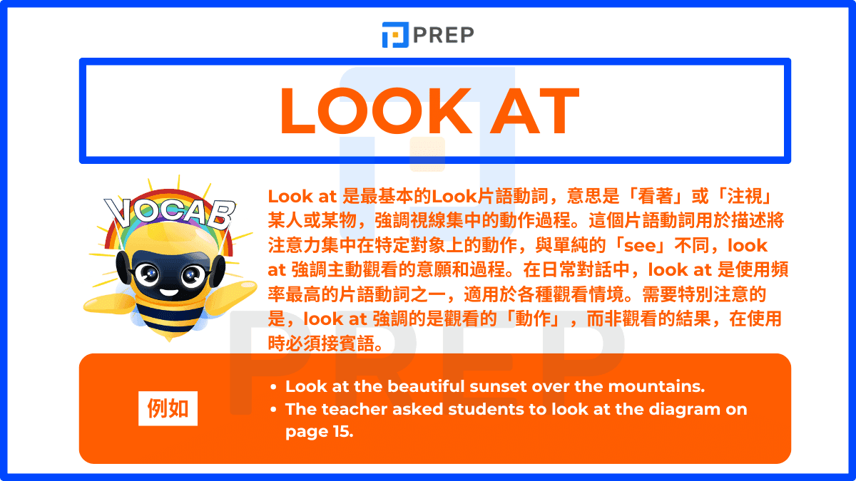 Look at 是最基本的Look片語動詞,意思是「看著」或「注視」某人或某物