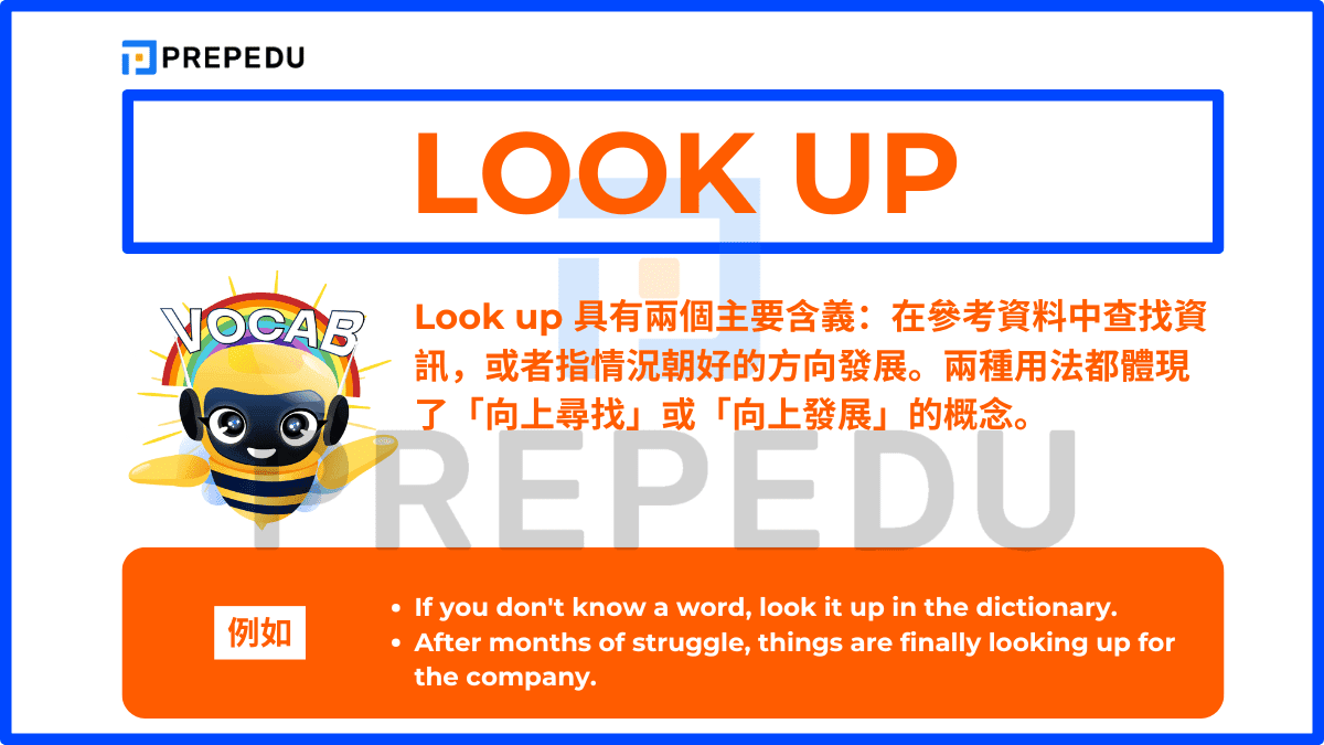 Look up 具有兩個主要含義：在參考資料中查找資訊，或者指情況朝好的方向發展