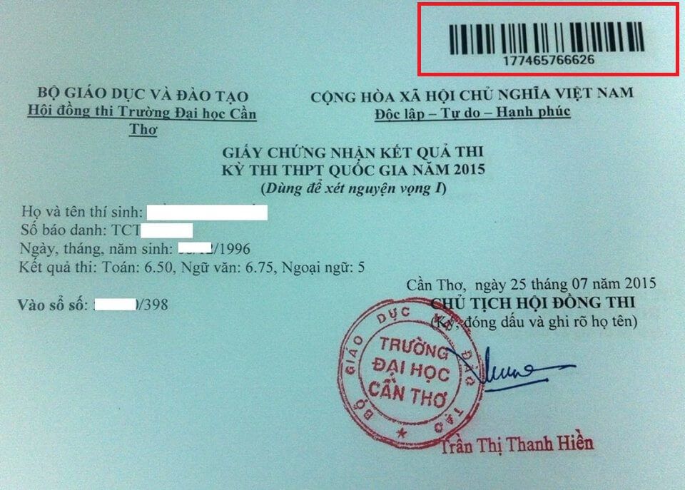 Mã giấy chứng nhận kết quả thi THPT