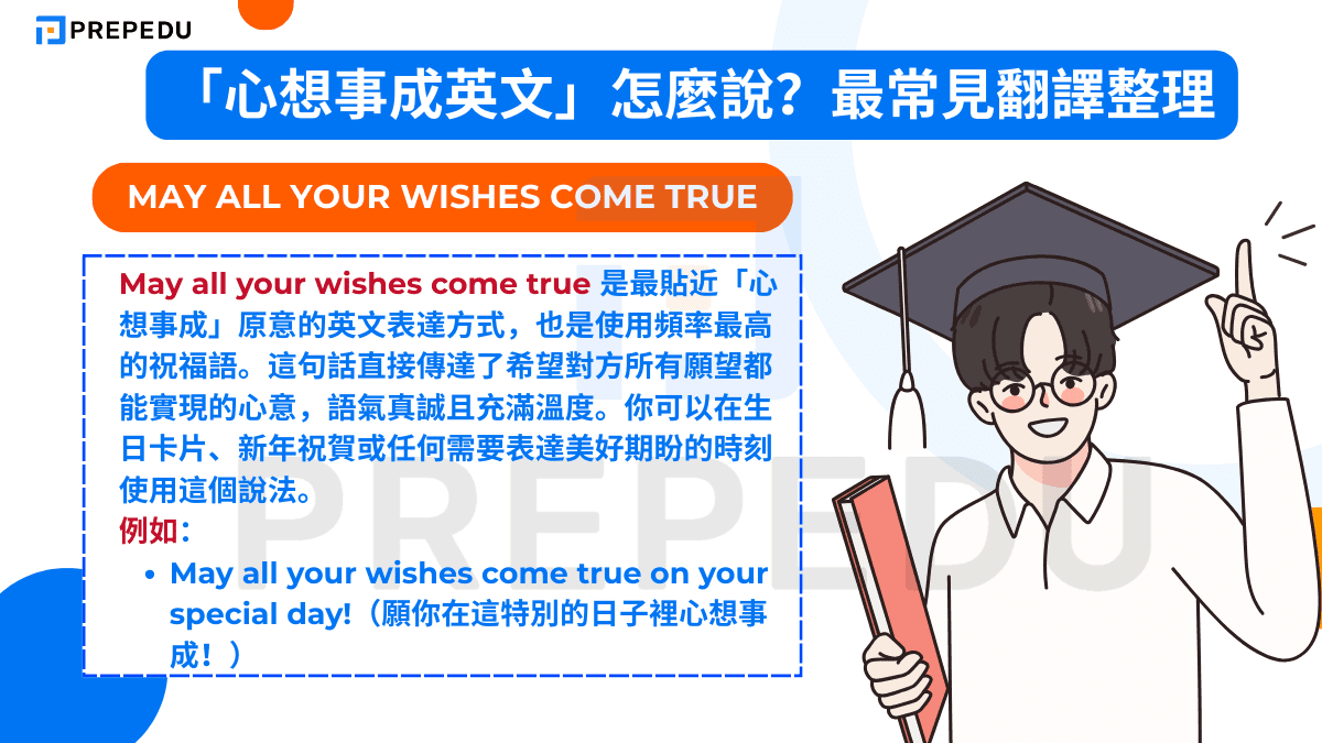 May all your wishes come true 是最貼近「心想事成」原意的英文表達方式