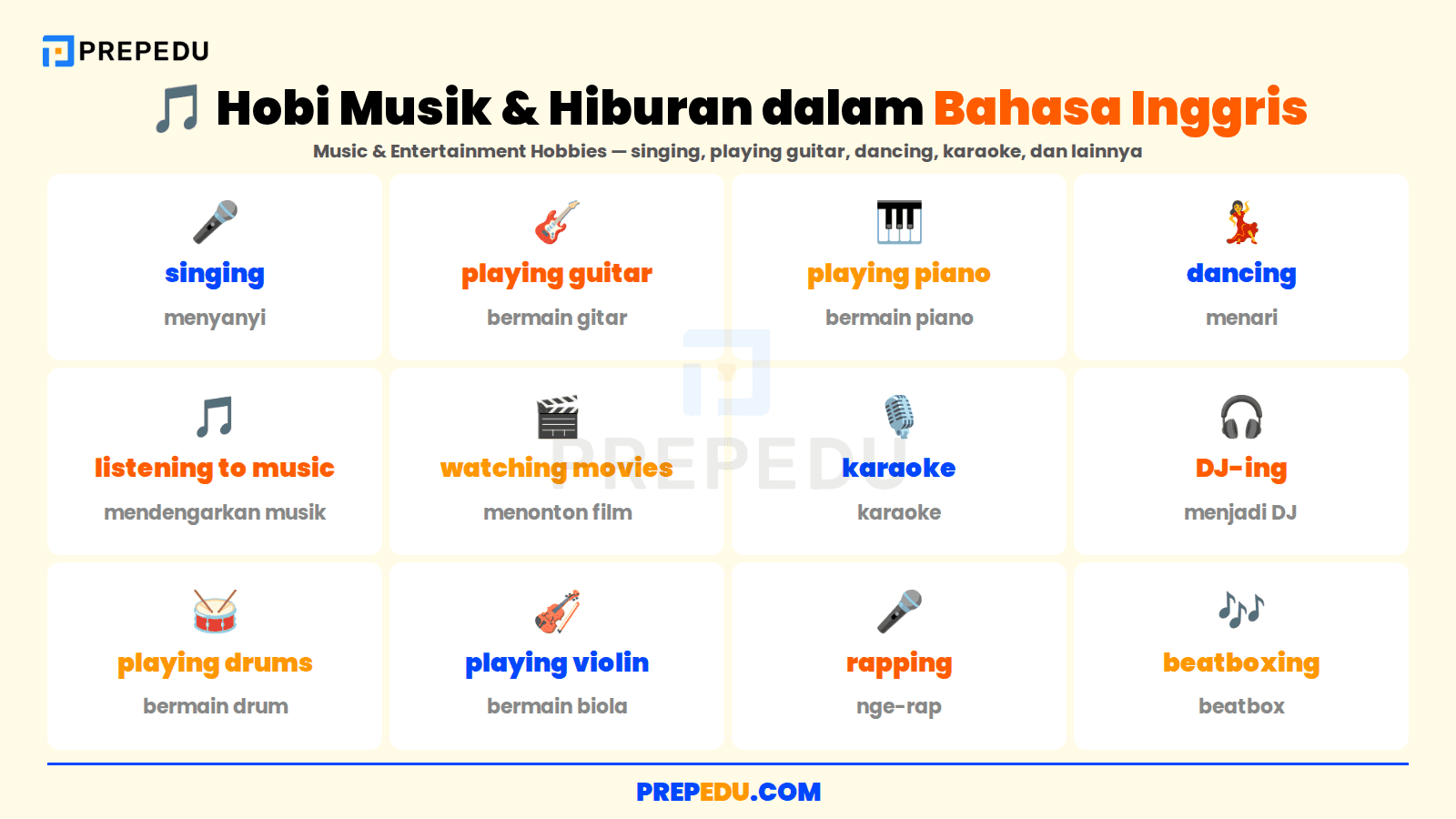 Dua belas kosakata hobi musik dan hiburan dalam bahasa Inggris