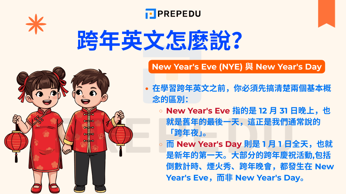 New Year's Eve (NYE) 與 New Year's Day&nbsp;是跨年英文