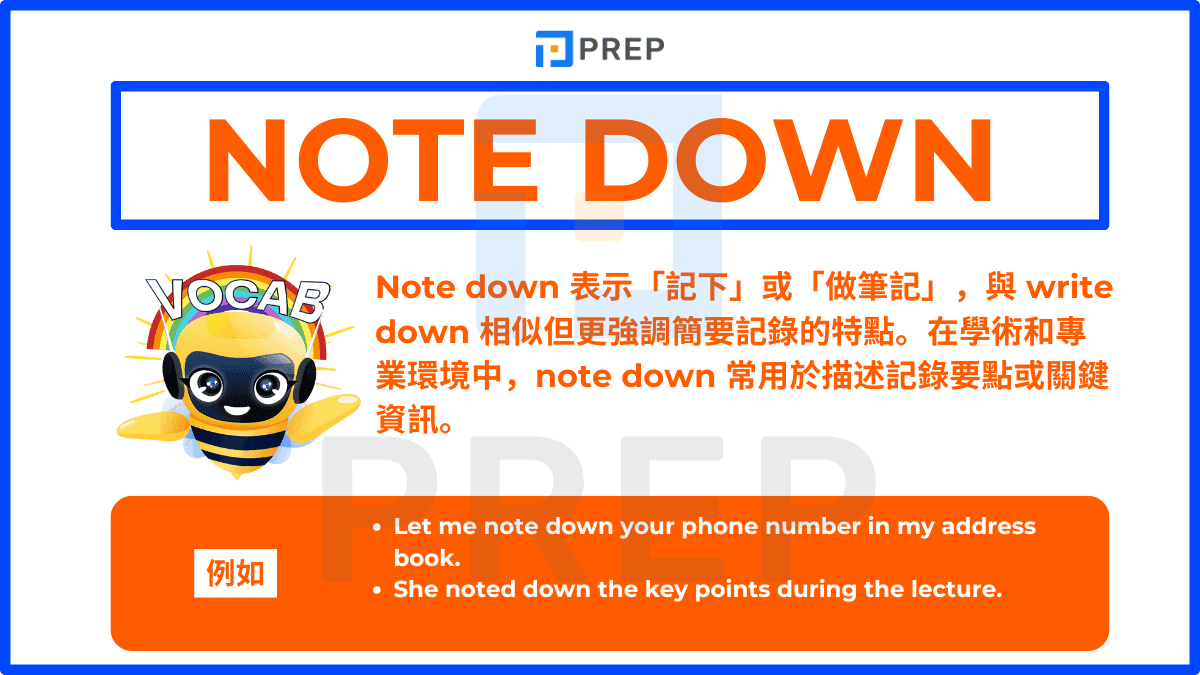 Note down 表示「記下」或「做筆記」
