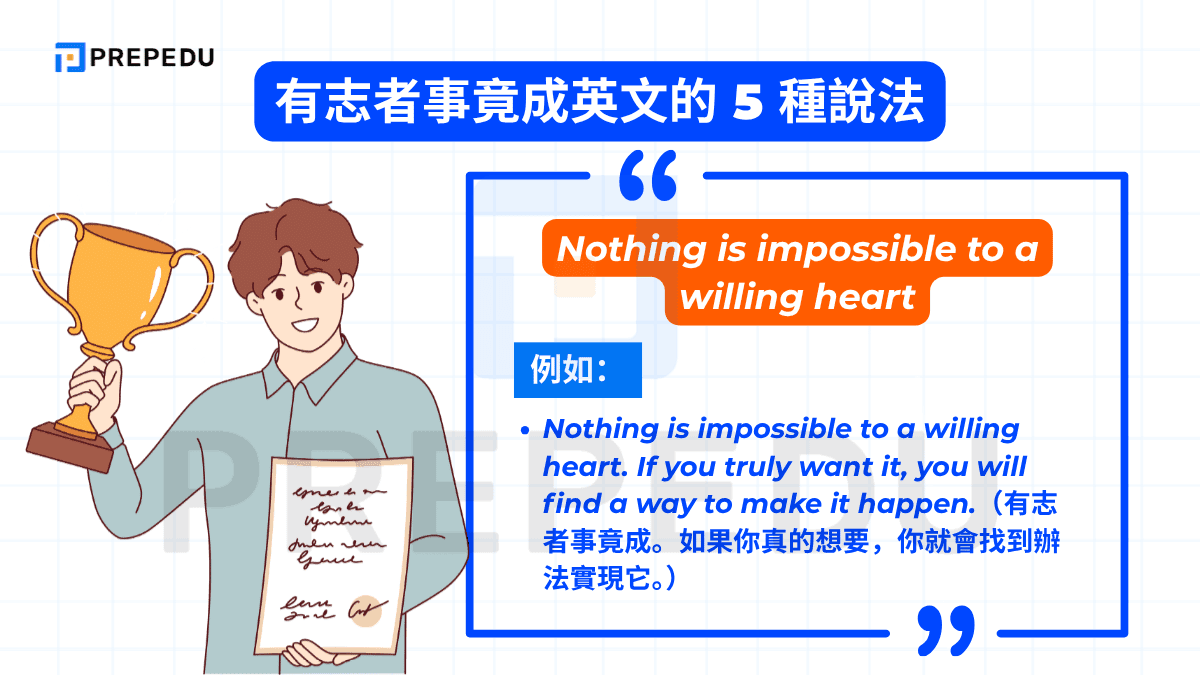 Nothing is impossible to a willing heart 強調「願意去做的心（willing heart）」能突破一切限制